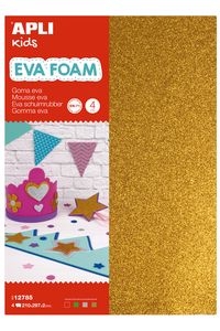 Blister 4 laminas goma eva purpurina a4 plata,oro rojo y verde