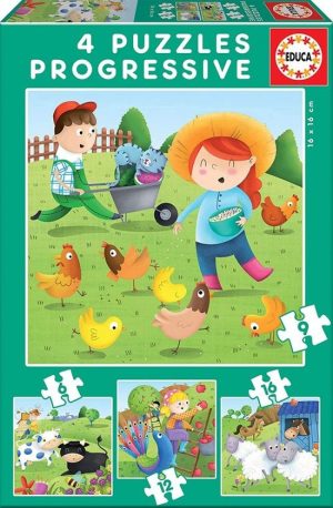 Animales de la granja 4 puzzles progresivos 6,9,12,16 piezas