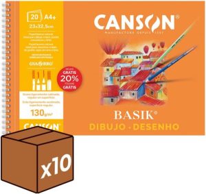 (pack 10u.) bloc dibujo espiral basik liso a4+ 20h 130g. Microperforado 20% de hojas gratis