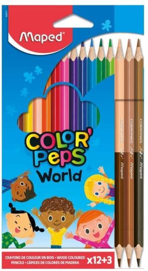 Estuche 12 lápices de colores color'peps world + 3 lápices duo tonos de piel maped