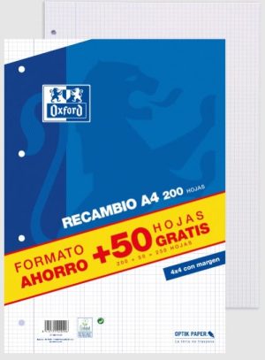 Recambio a4 200+50h 4 taladros 90g. cuad.4x4 c/m oxford