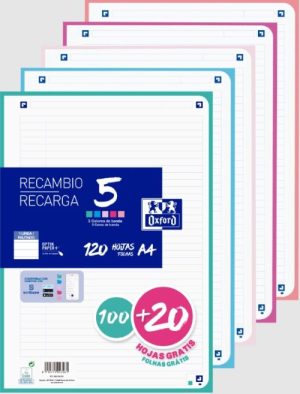 Recambio 5 multicolor a4 100+20h 90g 4 taladros 1horizont con 5 colores de banda pastel