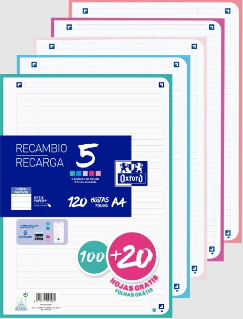 Recambio 5 multicolor a4 100+20h 90g 4 taladros 1horizont con 5 colores de banda pastel