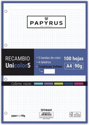 Recambio uni5 a4 100h 90g 4 taladros cuadricula 5x5 5 colores de banda tonos vivos