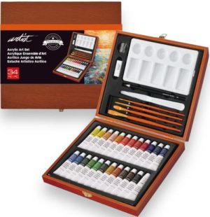 Caja madera 34 tubos pintura acrilica 12ml artist colores