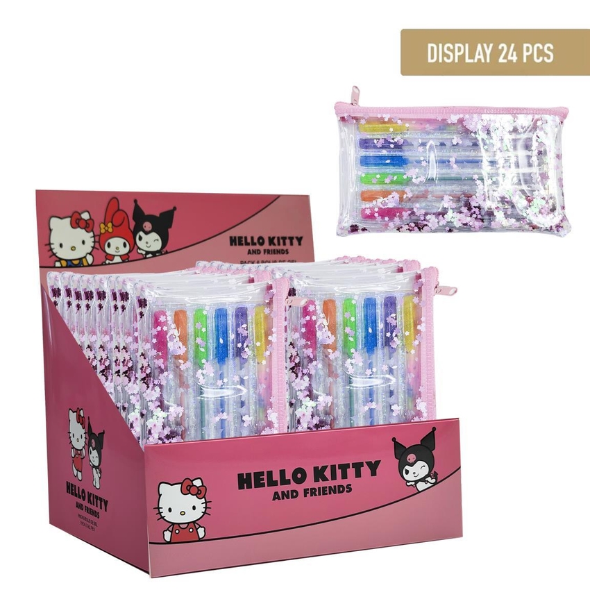PORTATODOS CON 6 BOLIGRAFOS DE GEL HELLO KITTY KUROMI