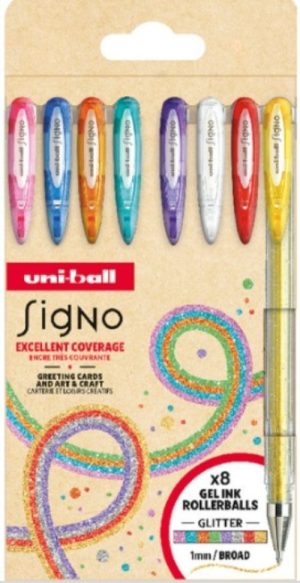 Paq/8 boligrafo uni-ball signo sparkling 1mm purpurina ocho colores