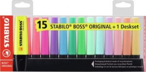 Set de mesa 15 marcadores stabilo boss 9 fluor clasico y 6 pastel