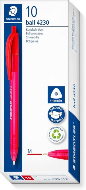 C/10 boligrafo triangular retráctil staedtler ball 4230 punta M color rojo