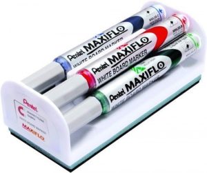 Set 4 rotuladores pizarra maxiflo colores negro, azul, rojo, verde con borrador magnetico