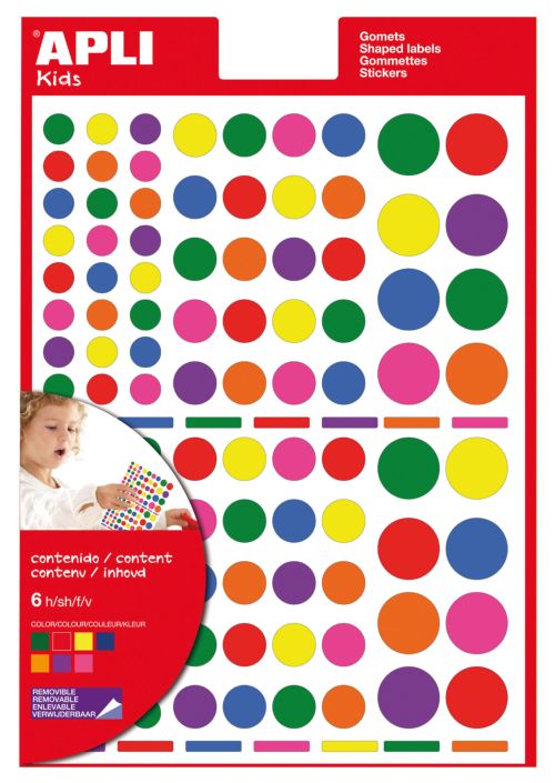 Bolsa 6 hojas gomets redondos permanentes multicolo metalizada