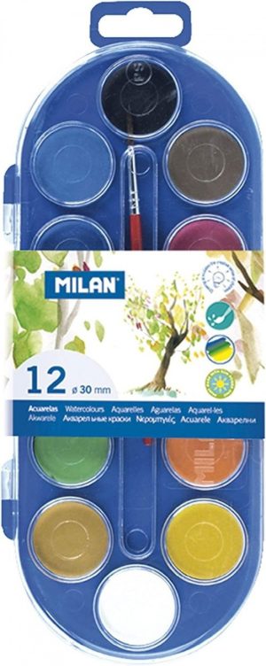 Estuche plastico 12 pastillas de acuarela + 1 pincel colores surtidos milan