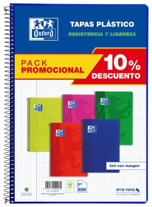 Pack 5 cuaderno espiral Fº 80h 90g. cuadrícula 4x4 c/m tapa plastico colores vivos