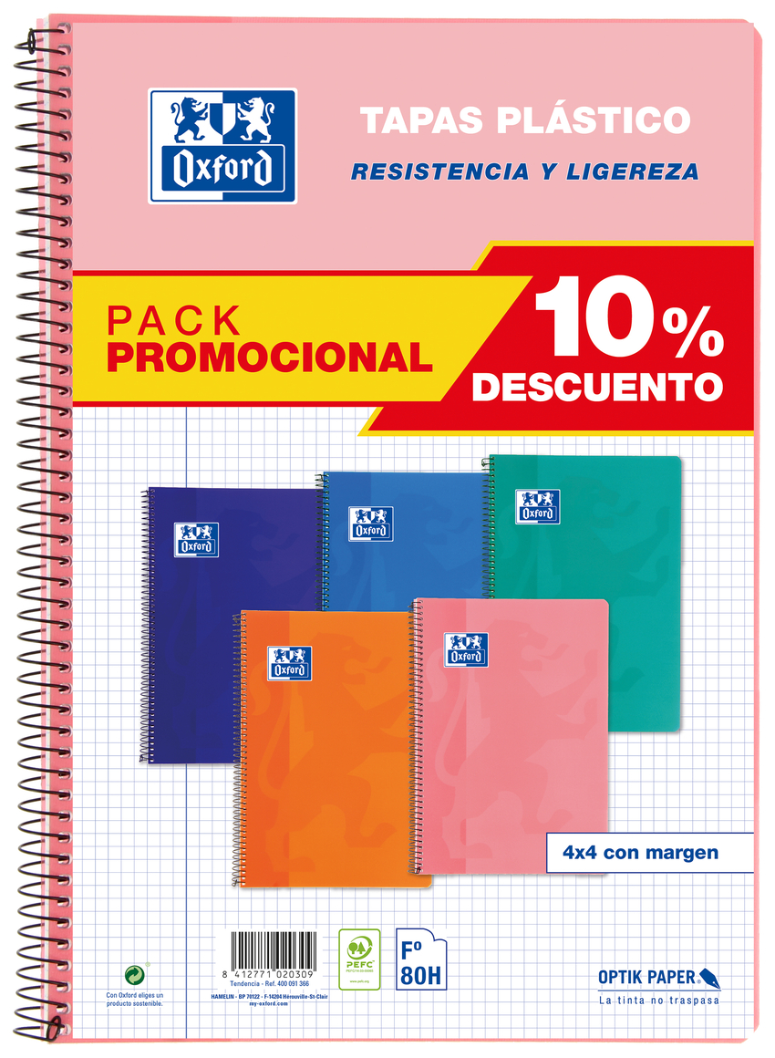 Pack 5 cuaderno espiral Fº 80h 90g. cuadrícula 4x4 c/m tapa plástico colores tendencia