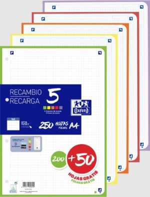 Recambio 5 multicolor A4 250h 90g 4 taladros cuadricula 5x5 con 5 colores de banda vivos