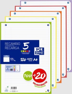 Recambio 5 multicolor a4 100+20h 90g 4 taladros 1horizontal con 5 colores de banda vivos