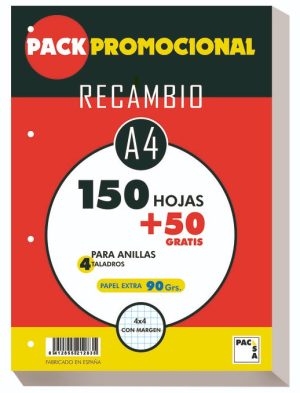 RECAMBIO A4 150+50H 4 TALADROS 90G CUAD.4X4 C/M PACSA