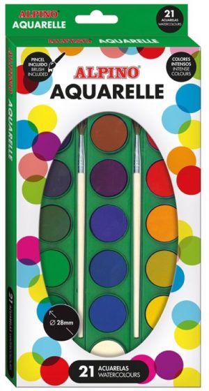 Estuche 21 acuarelas alpino + 2 pinceles colores surtidos