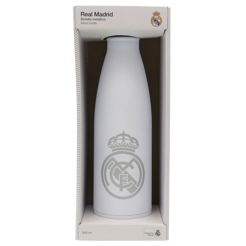 BOTELLA BLANCA CON PLATA RUBBERIZADA 500ML REAL MADRID