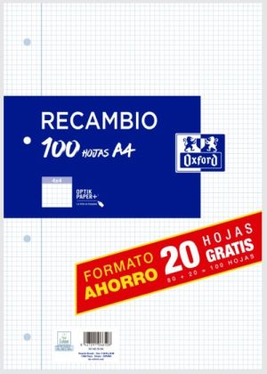 Recambio a4 100h 4 taladros 90g. cuadrícula 4x4 con margen oxford