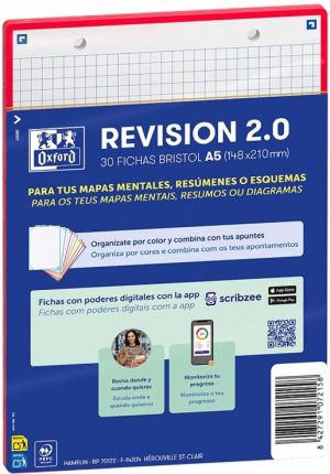 Paquete flashcards 2.0 oxford a5 2 taladros 30 fichas cuad.5x5 color rojo