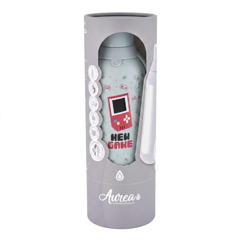 Botella térmica interior ceramico 2 tapones 500ml gris pixel gaming