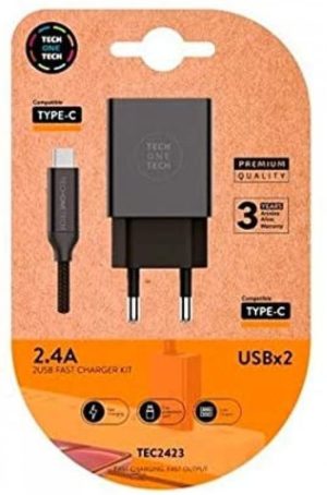 Cargador doble + cable braided nylon usb-c alto rendimento 2,4A color negro