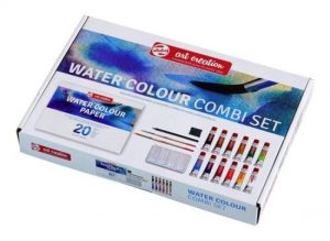 Combi set 12 tubos acuarela 20ml + bloc a4, pinceles, recipiente para mezclas, lapiz y goma