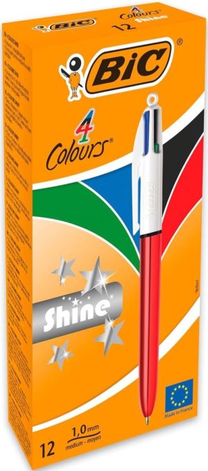 C/12 boligrafos bic 4 colores shine cuerpo rojo punta 1mm