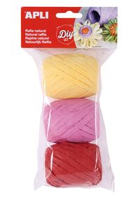 Blister 3 ovillos rafia natural tonos candy: amarillo claro, granate y rosa 30m