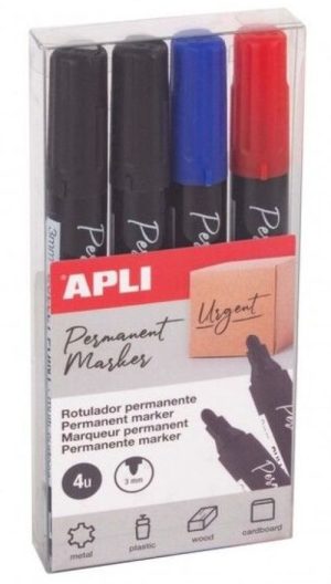 Estuche 4 rotulador permanente apli punta redonda 3 mm. colores: 2 negros, 1 azul, 1 rojo