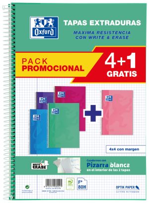 Pack 4+1 cuaderno espiral fº 80h 90g. cuad.4x4 c/m tapa extradura colores tendencia
