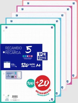 Recambio 5 multicolor a4 100+20h 90g 4 taladros cuadrícula 5x5 con 5 colores de banda pastel