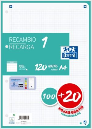 Recambio 1 color a4 100+20 hojas 90g cuad 5x5 color banda verde menta