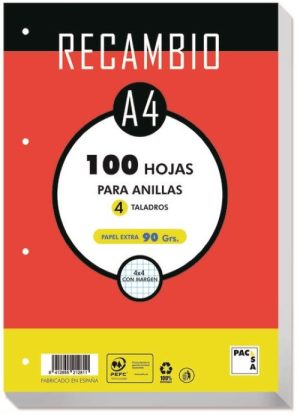 RECAMBIO A4 100H 4 TALADROS 90G CUAD.4X4 C/M PACSA