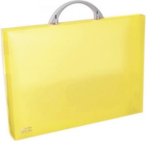 Maletín portadocumentos polipropileno amarillo 345x245x40 mm. con asa abatible y broche.