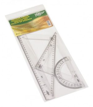 Estuche dibujo escolar transparente, regla 30 cm, escuadra y cartabón 30 cm, semicírculo 15 cm.