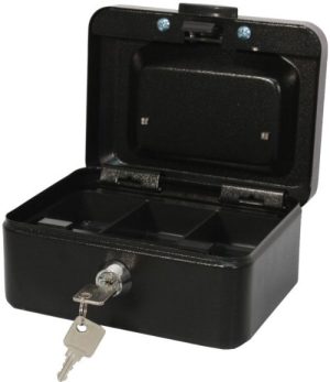 CAJA CAUDALES PEQUEÑA CON BANDEJA Y CIERRE 15X8X11CM NEGRO