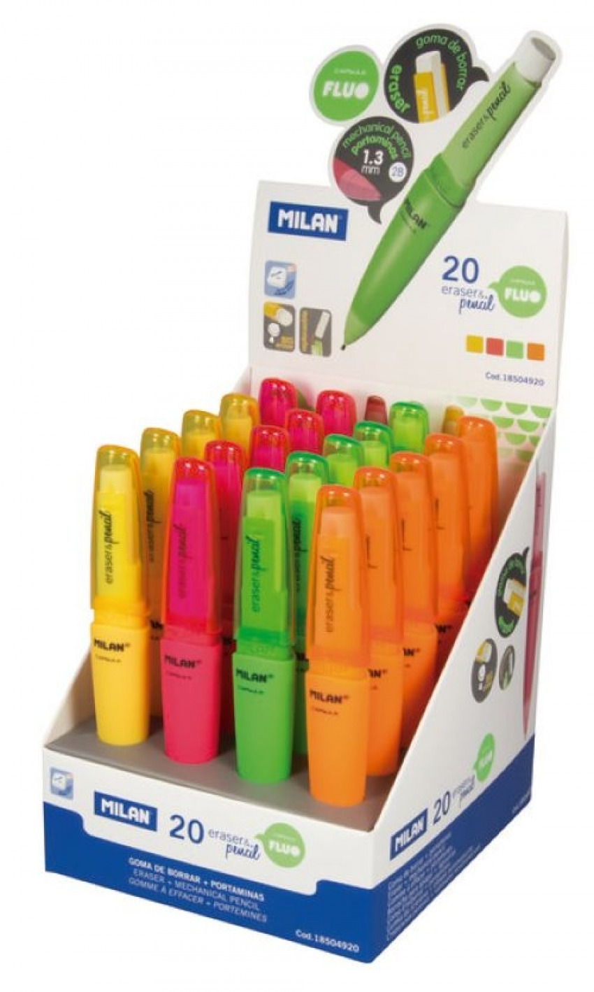 Exp 20 portaminas + goma 1,3mm 2b capsule serie fluo