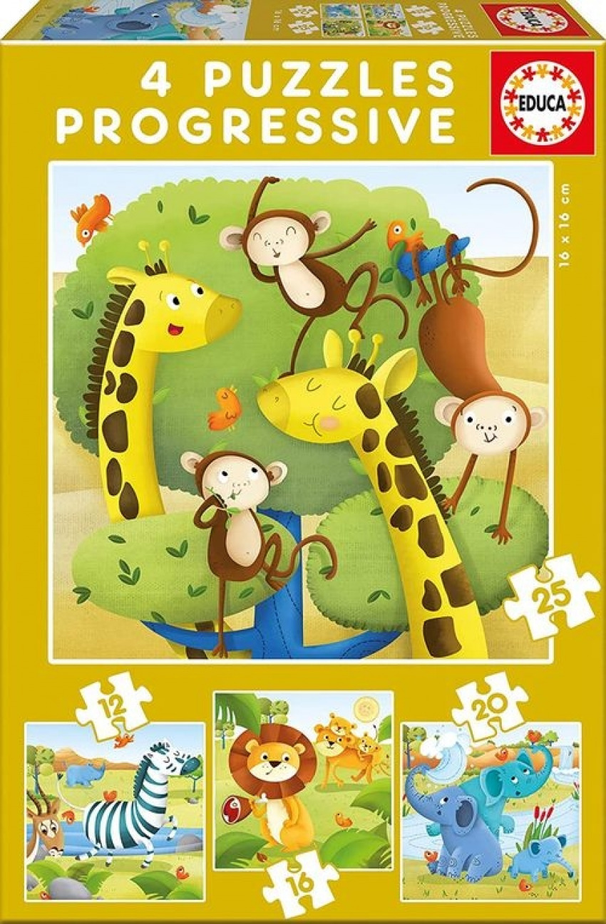 Animales salvajes 4 puzzles progresivos 12,16,20,25 piezas
