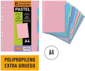 Bolsa separadores a4 extra-fuerte 8 pestañas pastel multitaladro