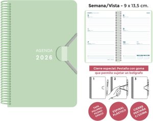 AGENDA ESPIRAL 2026 9X14 SV PP VERDE PASTEL