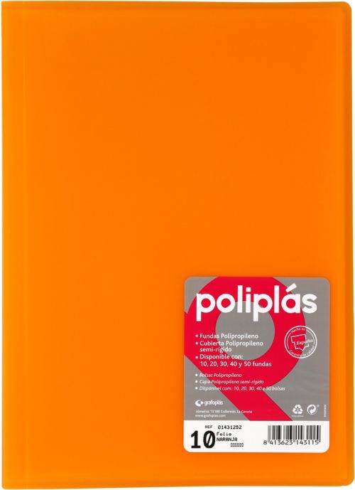 CARPETA Fº 20 FUNDAS SOLDADAS TRANSLUCIDAS NARANJA POLIPLAS