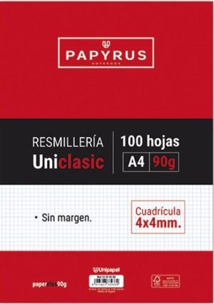 Paquete a4 100h 90g cuadricula 4x4 sin margen papyrus-uniclasic