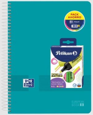 C/10 Pack cuaderno espriral a4+ 160h 90g cuad.5x5 ebook8 live&go colores vivos + pack 4 marcadores fluorescentes textmaker 490 regalo