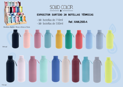 Expositor 20 botellas 10 de 710ml y 10 500 ml monocolor surtidas