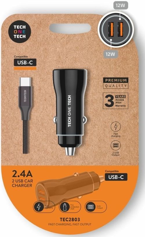 CARGADOR MECHERO COCHE + CABLE USBC NEGRO 12W NEGRO