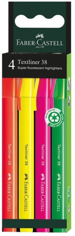 Estuche 4 marcadores fluorescentes textliner 38 colores rosa, amarillo, naranja y verde