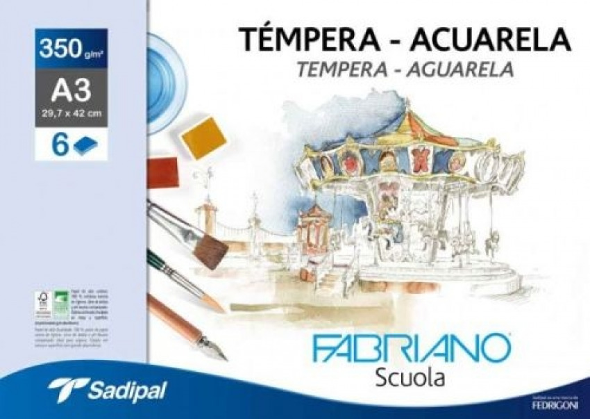 Minipack 6 laminas acuarela a3+ 350g fabriano scuola
