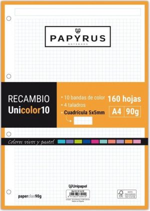 Recambio uni10 a4 160h 90g 4 taladros cuadricula 5x5 10 colores de banda tonos vivos y pastel